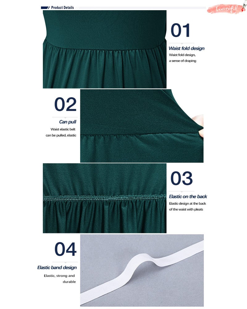 AUSELILY Women's Short Sleeve Empire Waist Dress Pleated Loose Swing Knee Length Dresses with Pockets 2026 New Dark Green L - Image 2